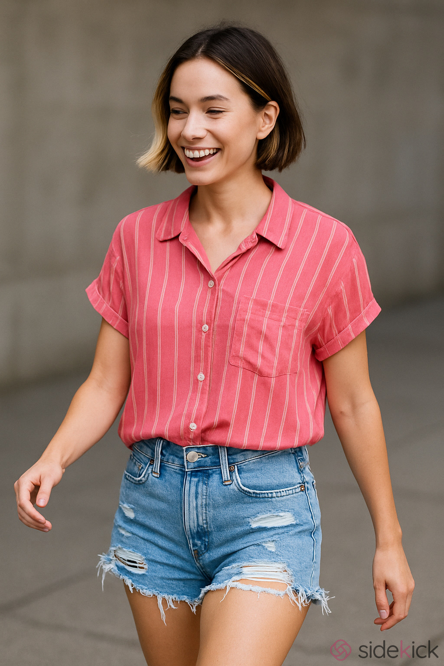 Pistola Pink and White Striped Cotton Short Sleeve Shirt